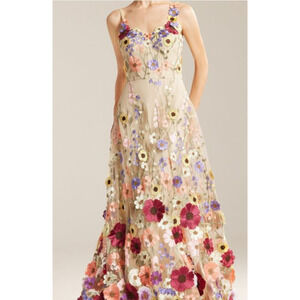 AW BRIDAL 10 L Beige embroidered 3d floral Alison prom party maxi dress NEW B145